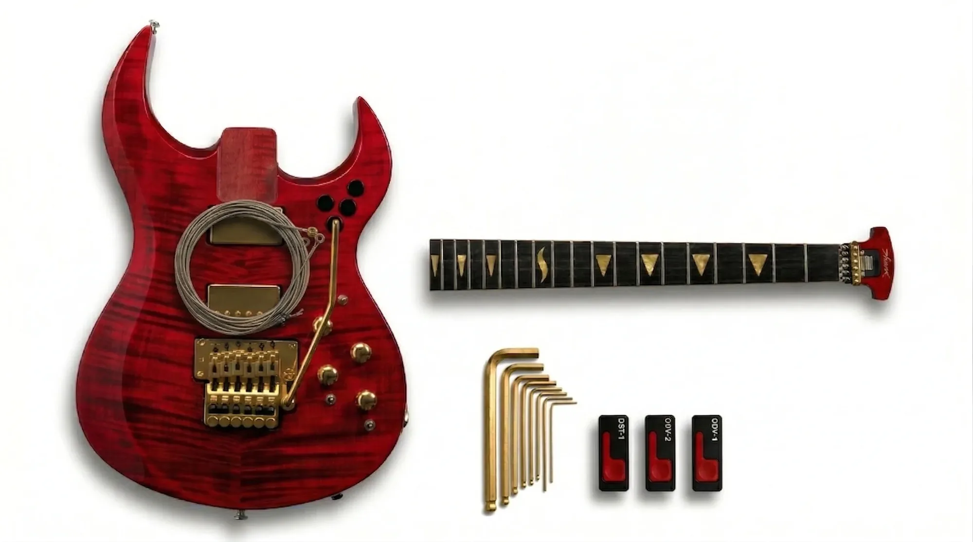 A Shark guitar shown unassembled: the body-neck joint interface between neck and body
