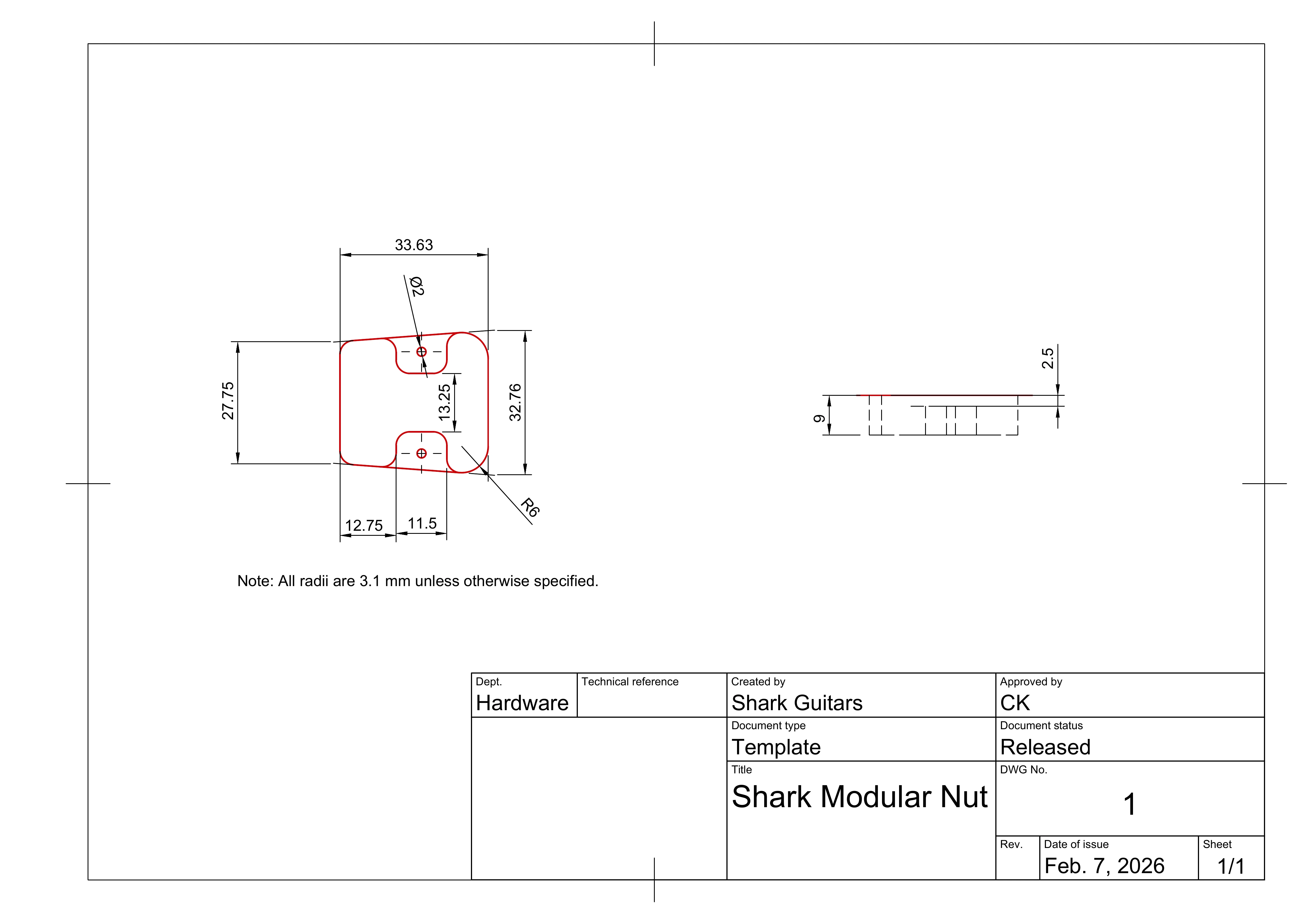 6-String Modular Nut Technical Drawing