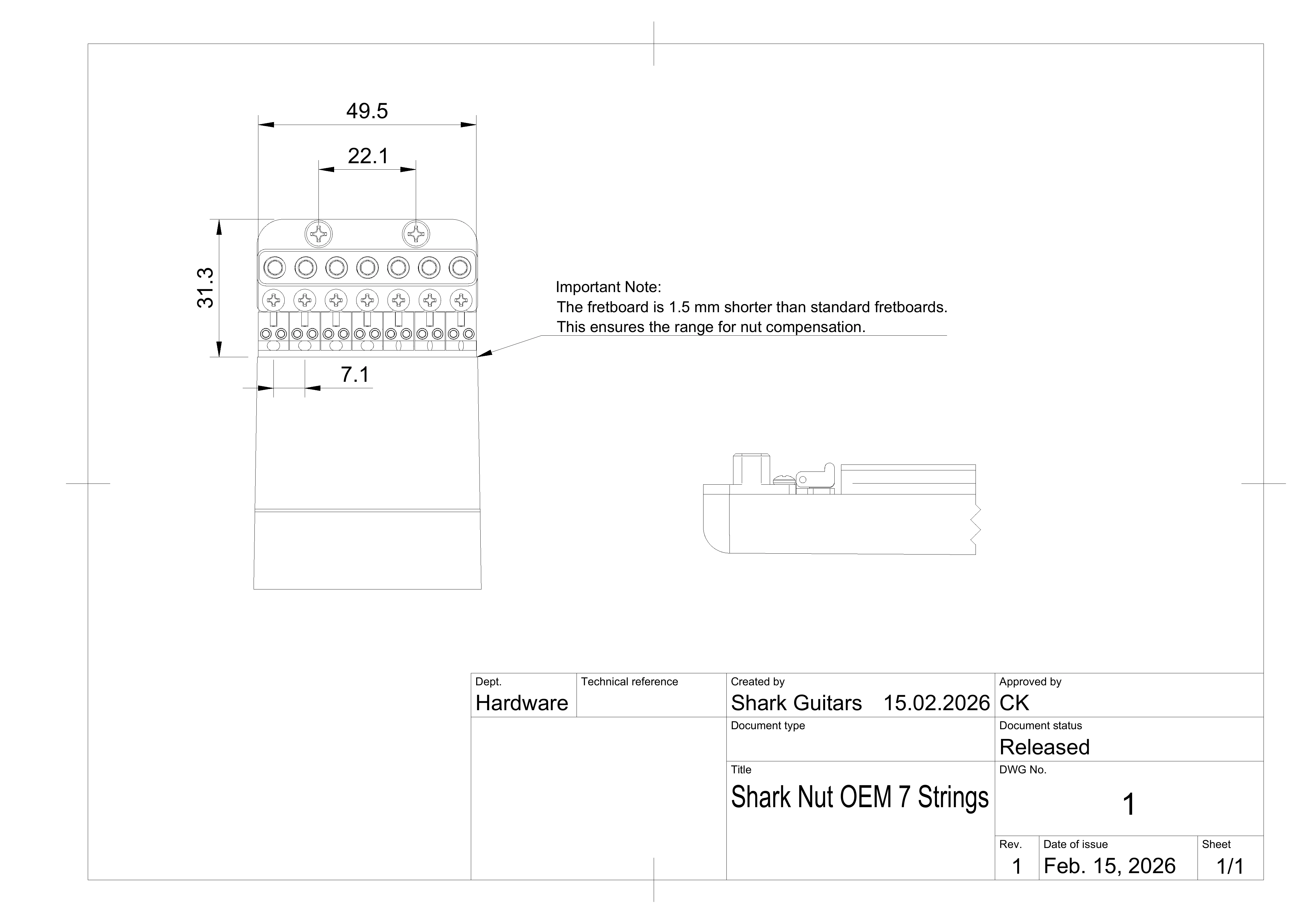 7-String Fixed Nut Drawing