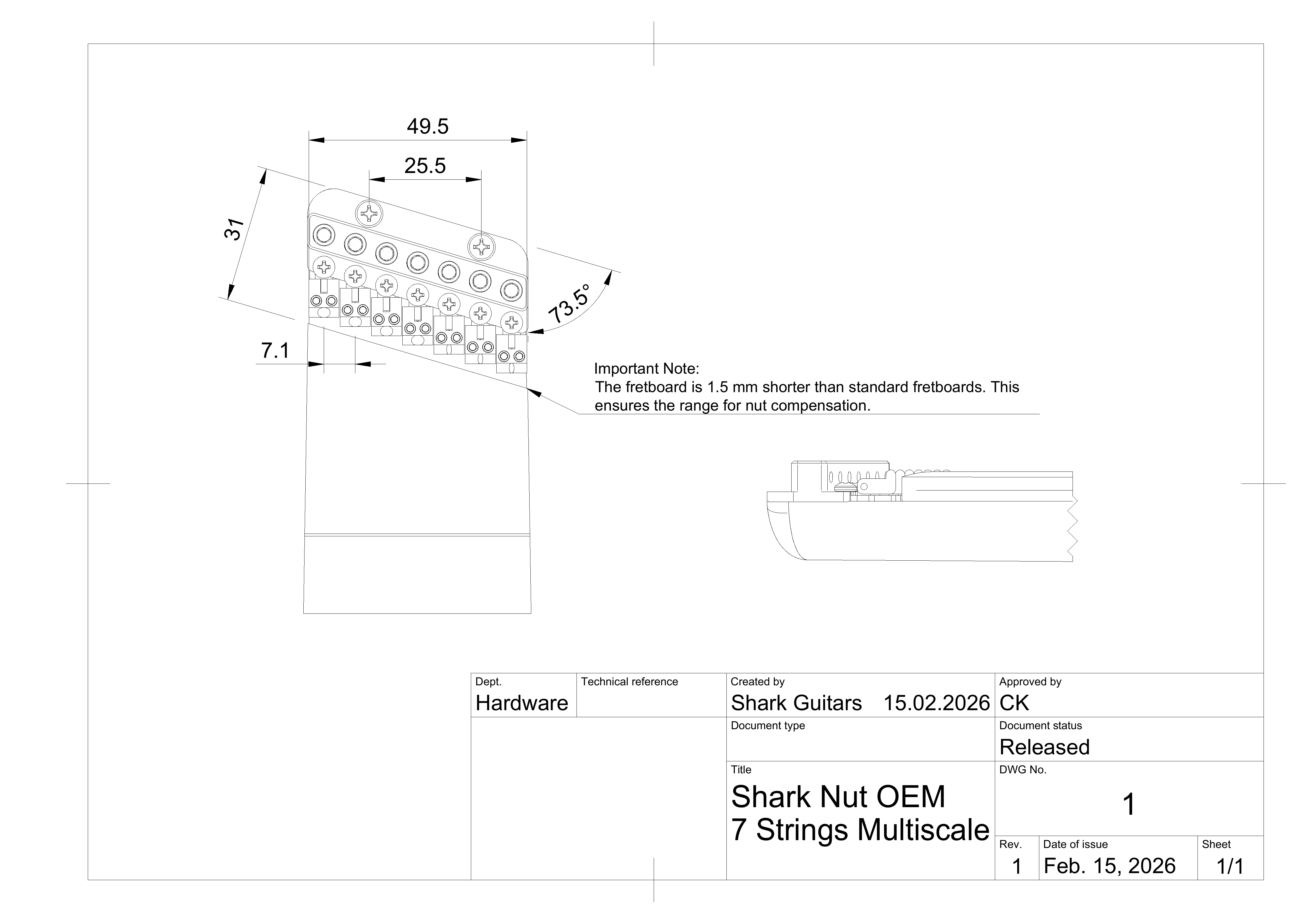 7-String Multiscale Fixed Nut Drawing