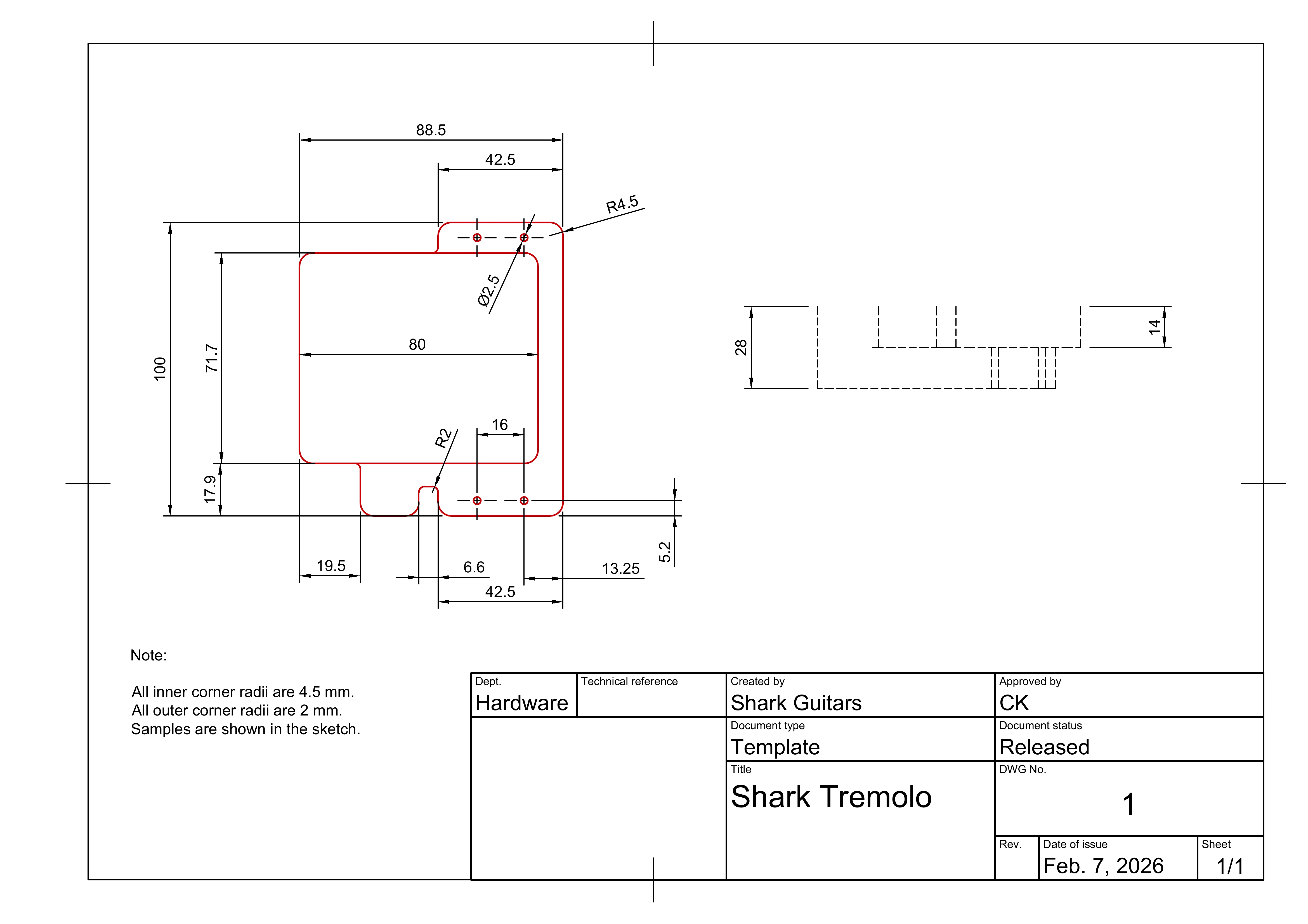 6-String Bridge Technical Drawing
