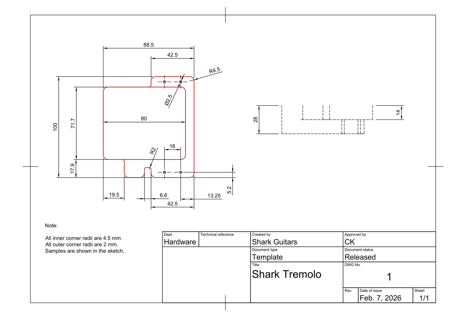 Shark Bridge Routing Template (6-String)